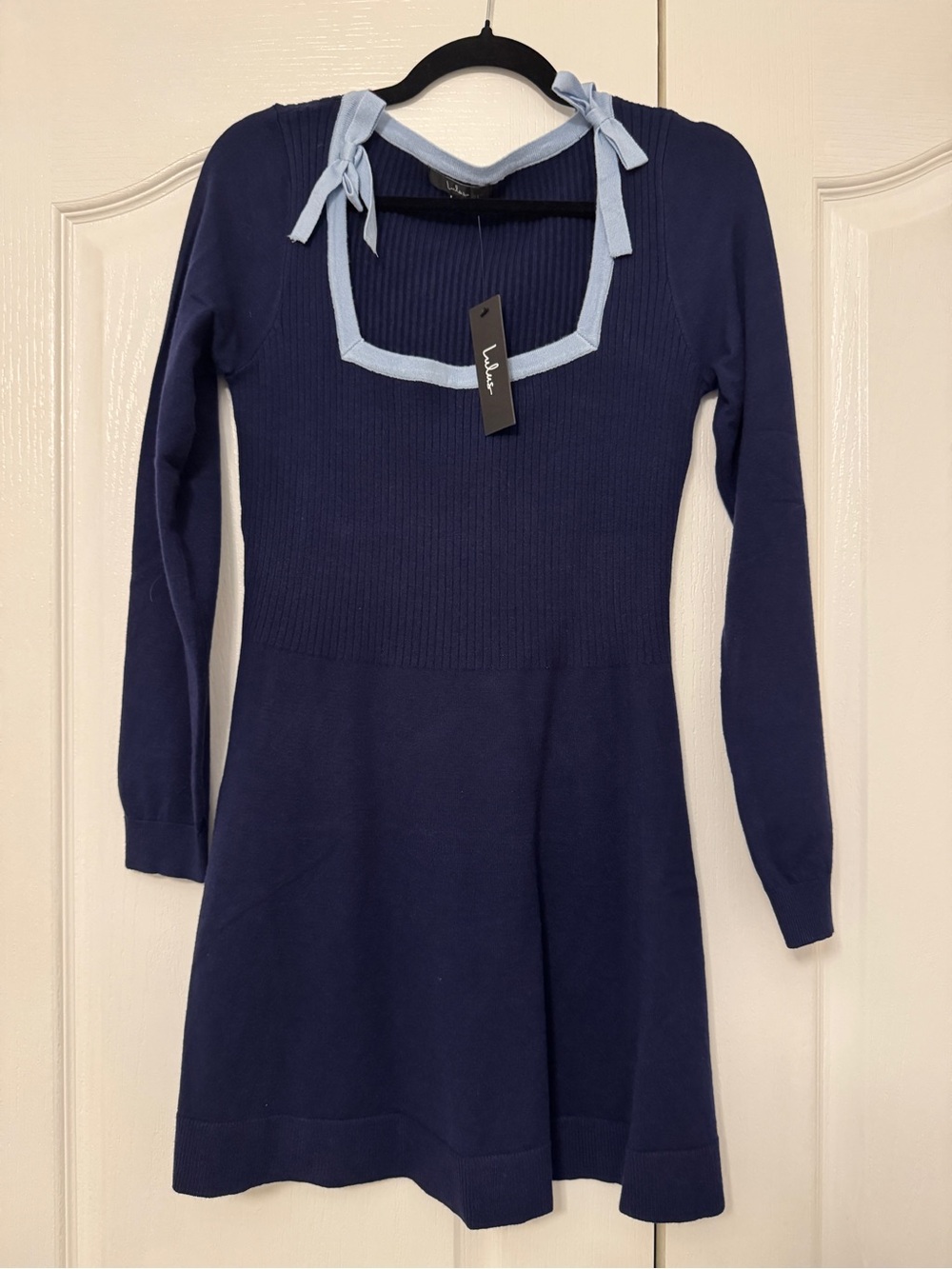 NWT Lulu's Navy Knit Dress with Light Blue Trim and Bows
